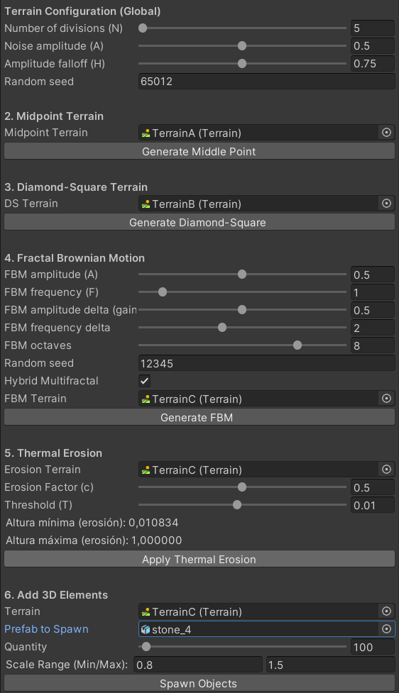 The editor tool in the Unity inspector: global configuration, Midpoint, Diamond-Square, fractal Brownian motion, thermal erosion and object spawning.