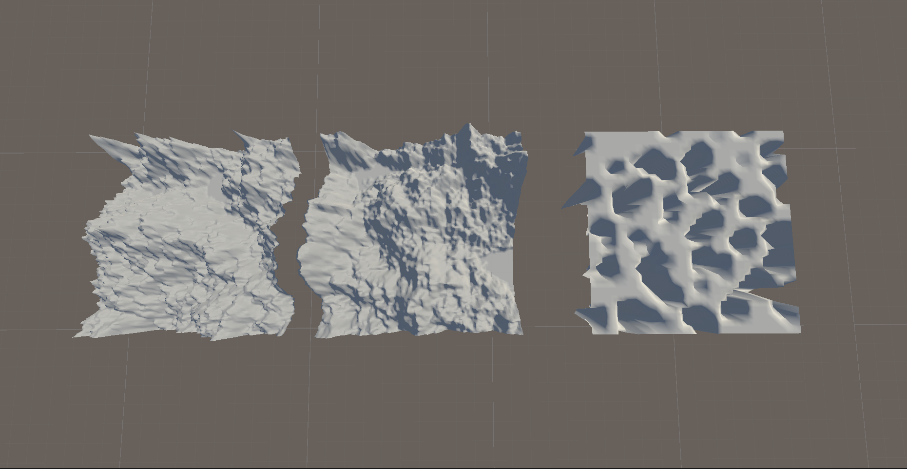 Three generated terrains in the same scene, left to right: Midpoint Displacement, Diamond-Square and hybrid multifractal FBM.